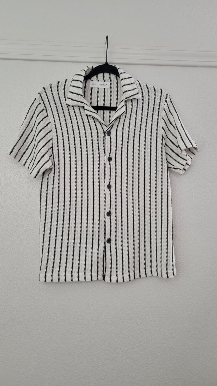 Zara Girls 13-14 164 Cream Black Striped Knit Button Front Camp Shirt EUC